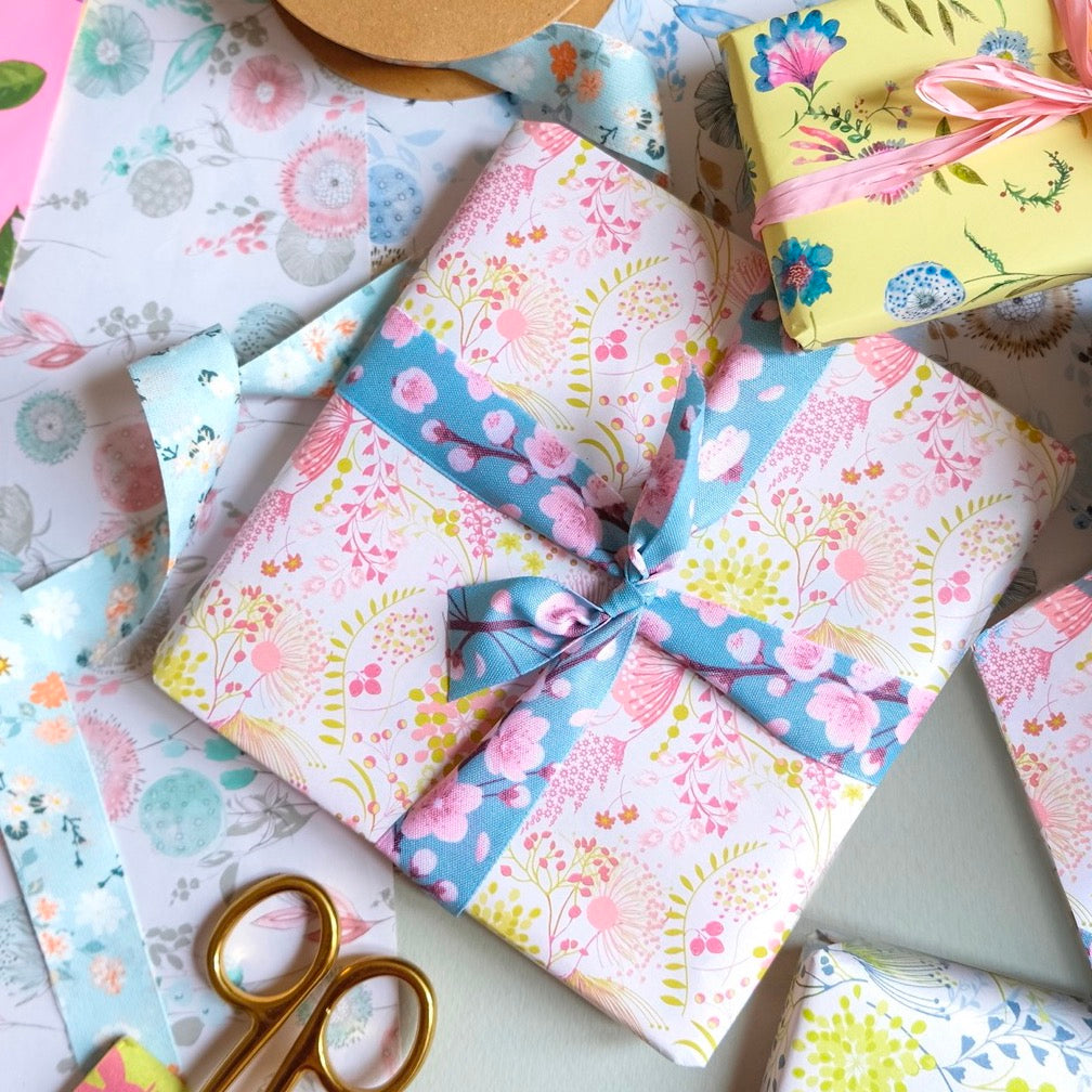 Nastro in Tessuto Fantasia Ciliegio stampa bifacciale Avio