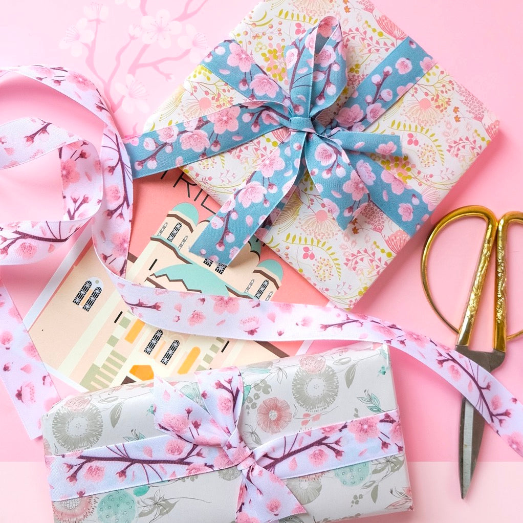 Nastro in Tessuto Fantasia Ciliegio stampa bifacciale Avio