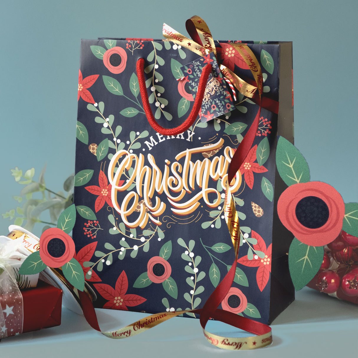 Buste Shopper Carta Merry Xmas Stelle e Bacche