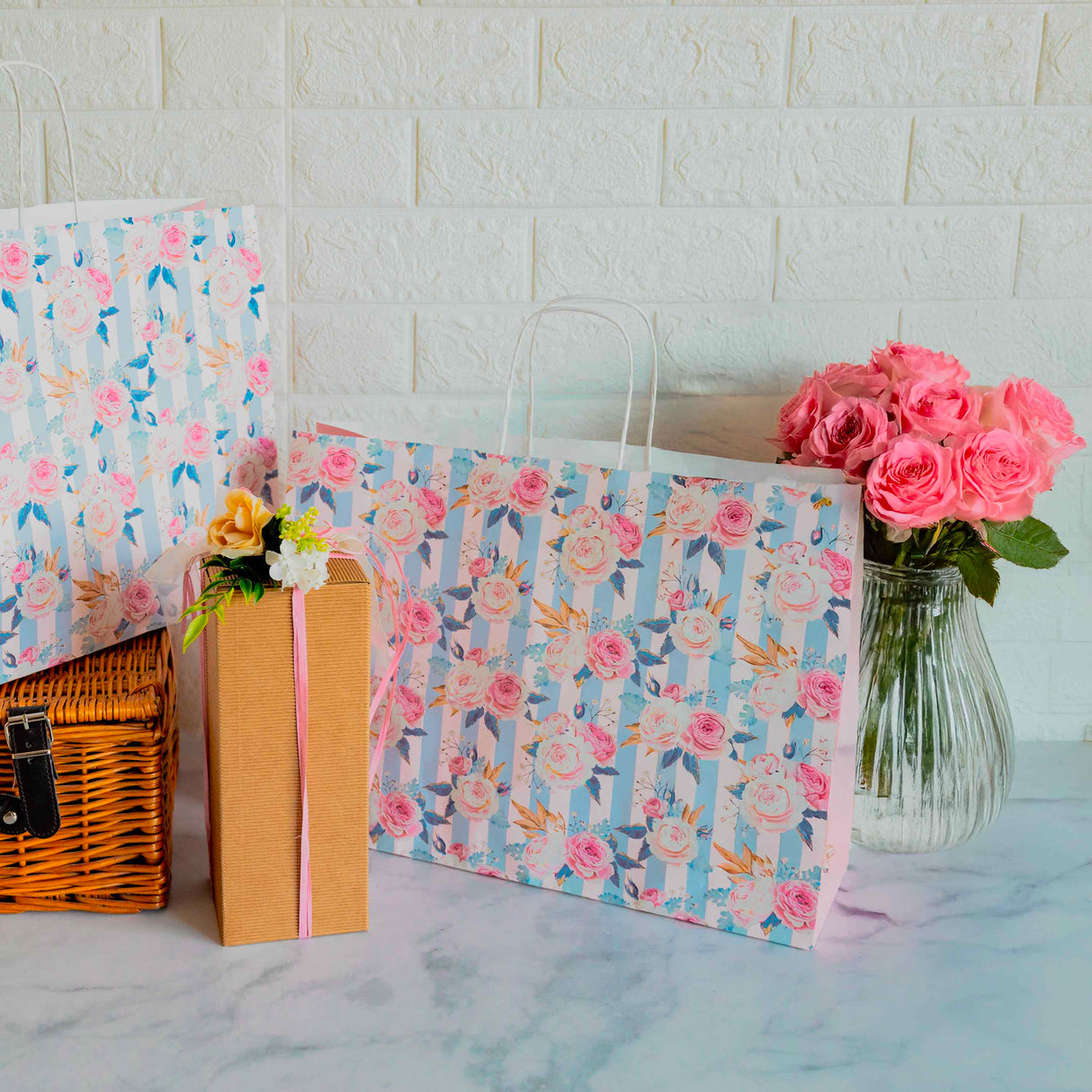 Shopper Carta Fantasia Rose Shabby Chic Manico in Cordino