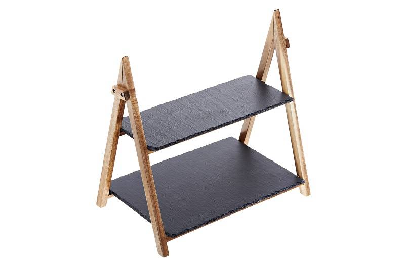 Duo Stand in acacia con ripiani ardesia