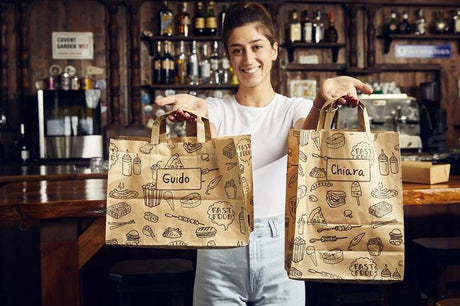 Shopper take away in carta per asporto con scritte