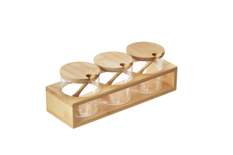 Set 3 ciotole vetro con base bamboo