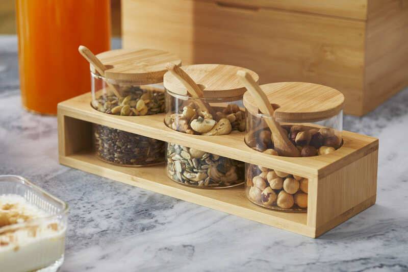 Set 3 ciotole vetro con base bamboo