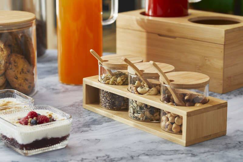 Set 3 ciotole vetro con base bamboo