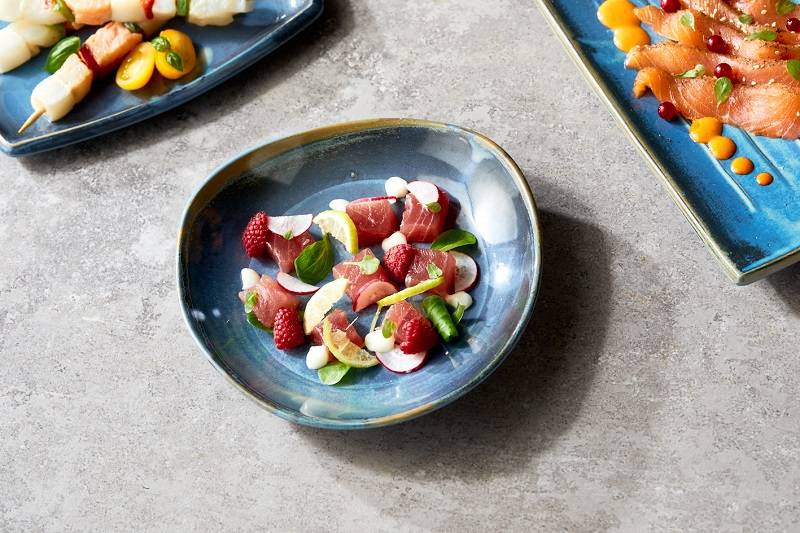 Piatto in melamina Ibiza con decoro blu