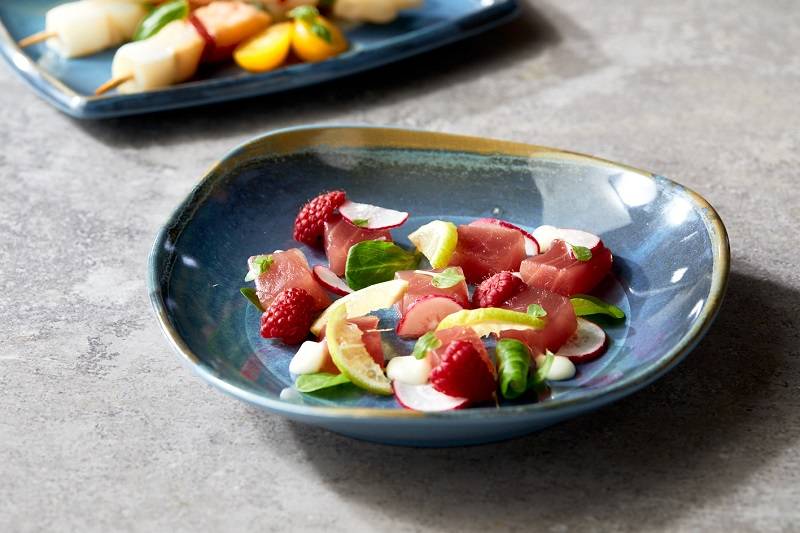 Piatto in melamina Ibiza con decoro blu