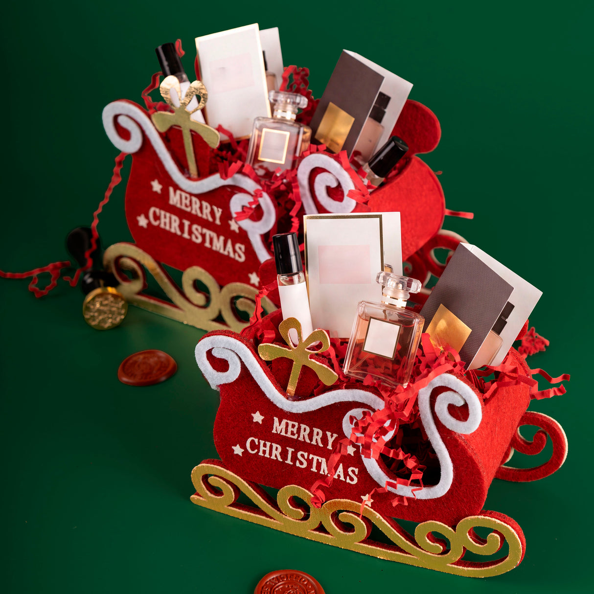 CESTO SLITTA PANNO ROSSO CON SCRITTA " MERRY CHRISTMAS "